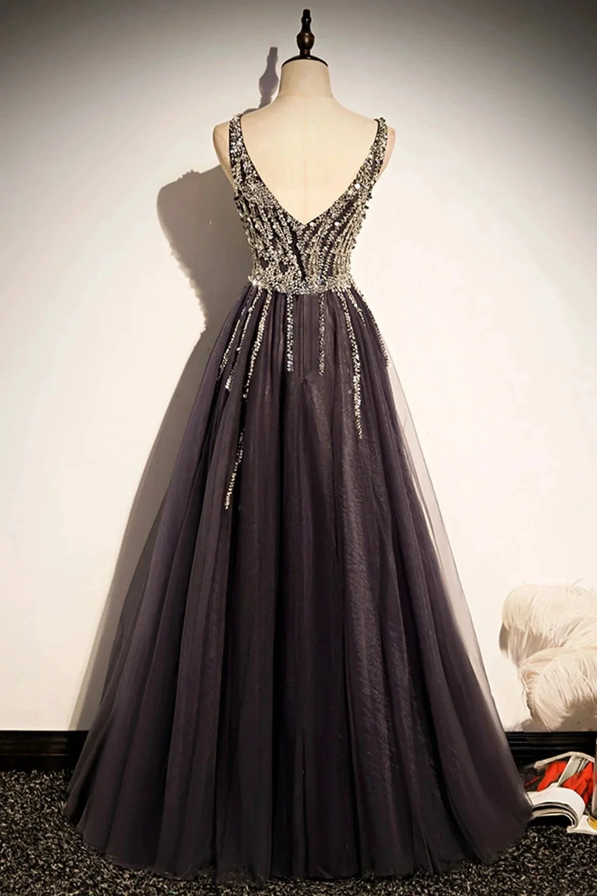 Stylish v neck tulle long prom dress A line evening dress s76 - Image 4