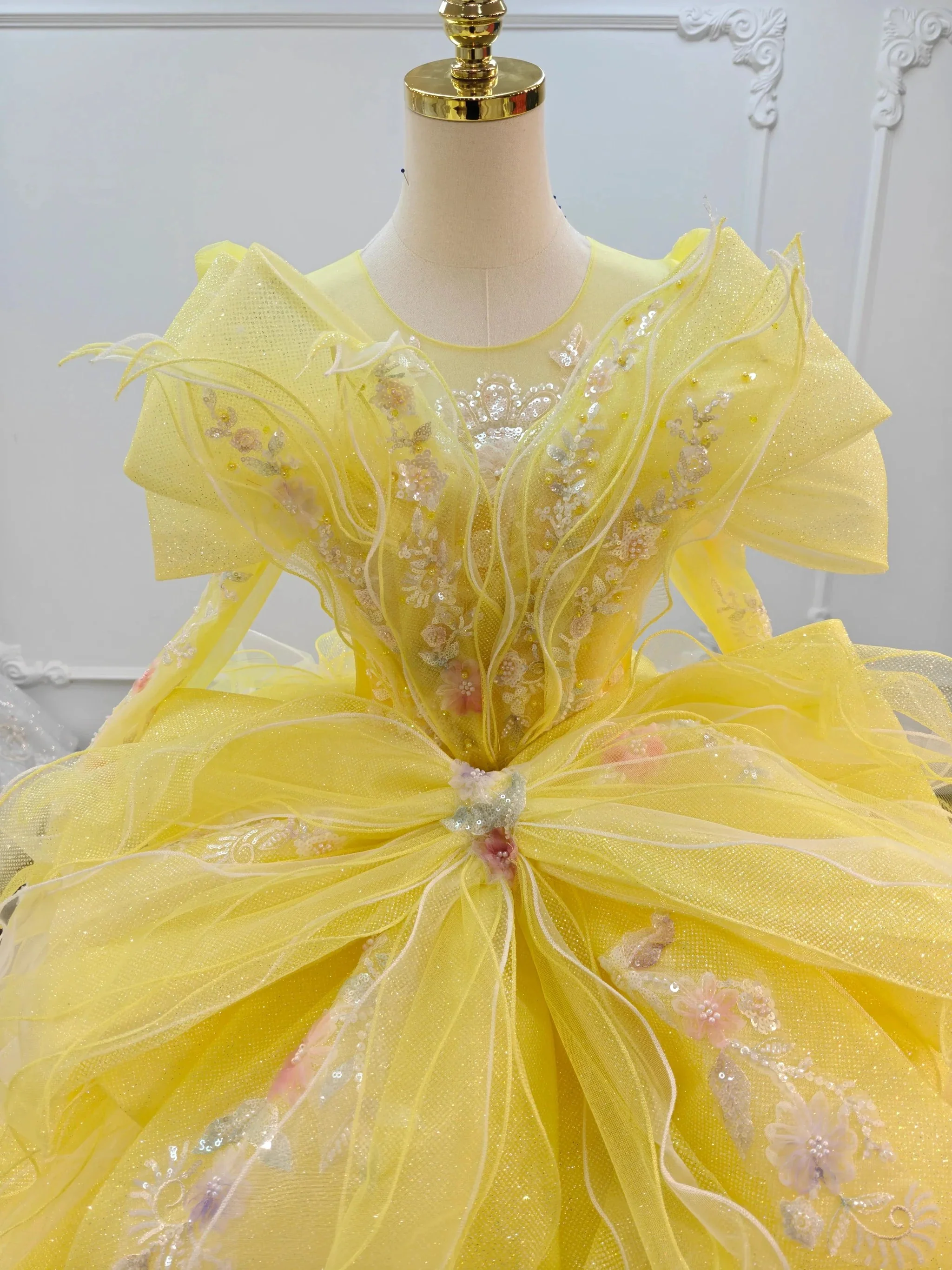 Vibrant Yellow High-Neck Ball Gown Wedding Dress with Ruffled Tulle, 3D Floral Embroidery & Corset Back Ye-2031 - Image 2