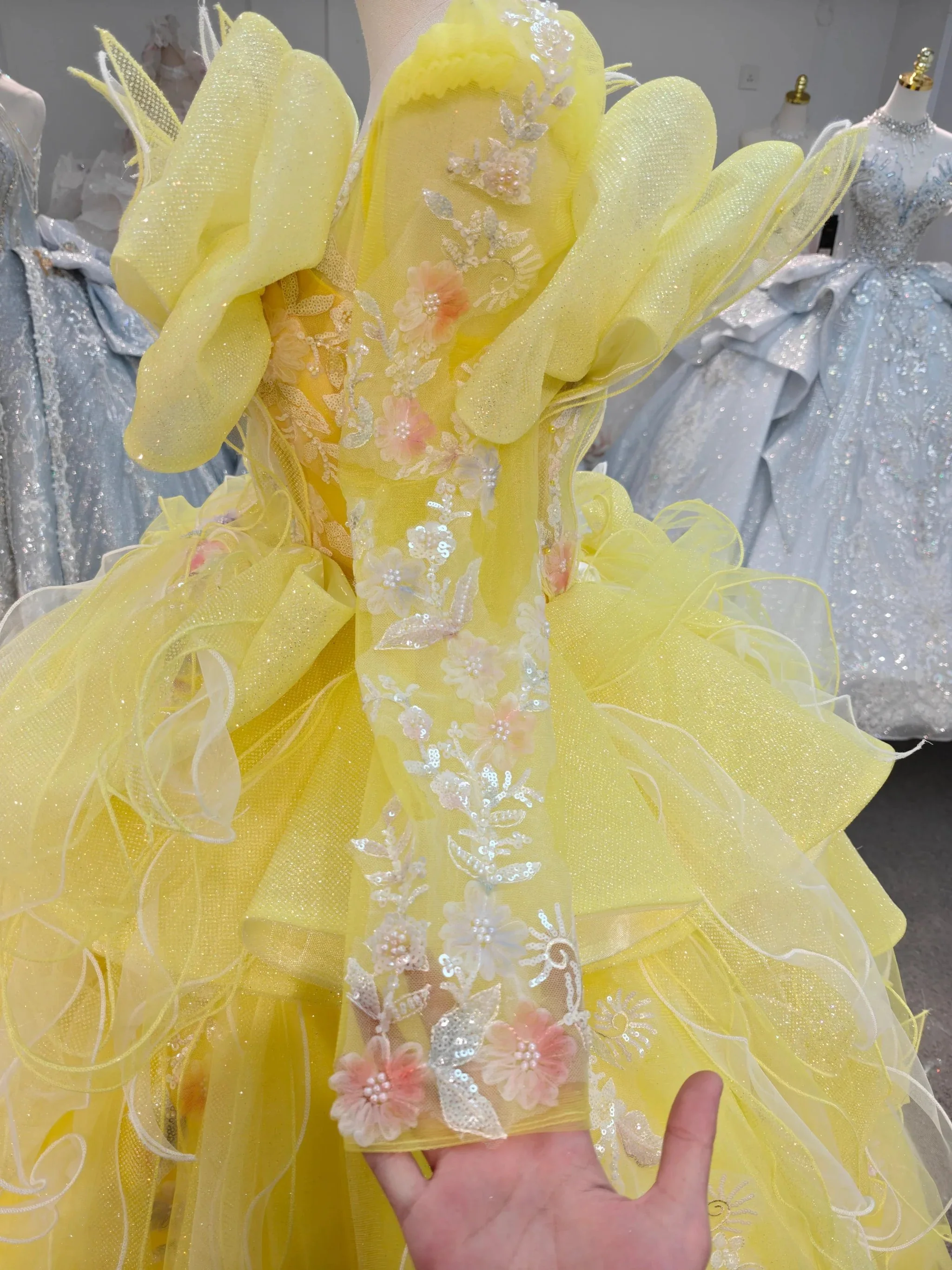 Vibrant Yellow High-Neck Ball Gown Wedding Dress with Ruffled Tulle, 3D Floral Embroidery & Corset Back Ye-2031 - Image 3