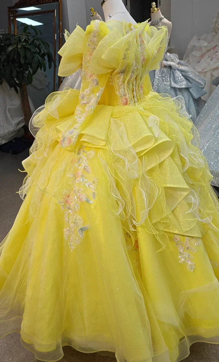 Vibrant Yellow High-Neck Ball Gown Wedding Dress with Ruffled Tulle, 3D Floral Embroidery & Corset Back Ye-2031 - Image 4