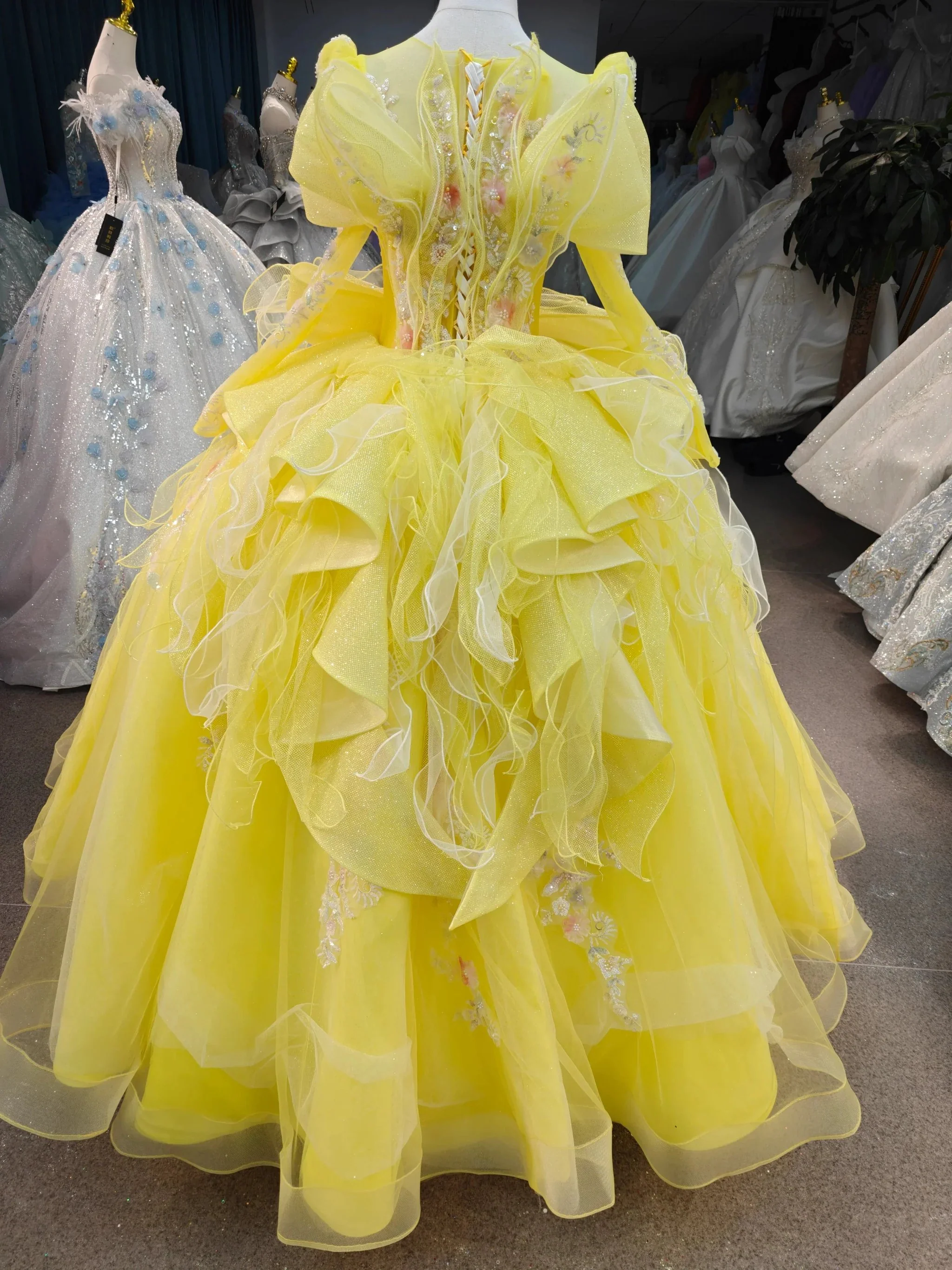 Vibrant Yellow High-Neck Ball Gown Wedding Dress with Ruffled Tulle, 3D Floral Embroidery & Corset Back Ye-2031 - Image 5