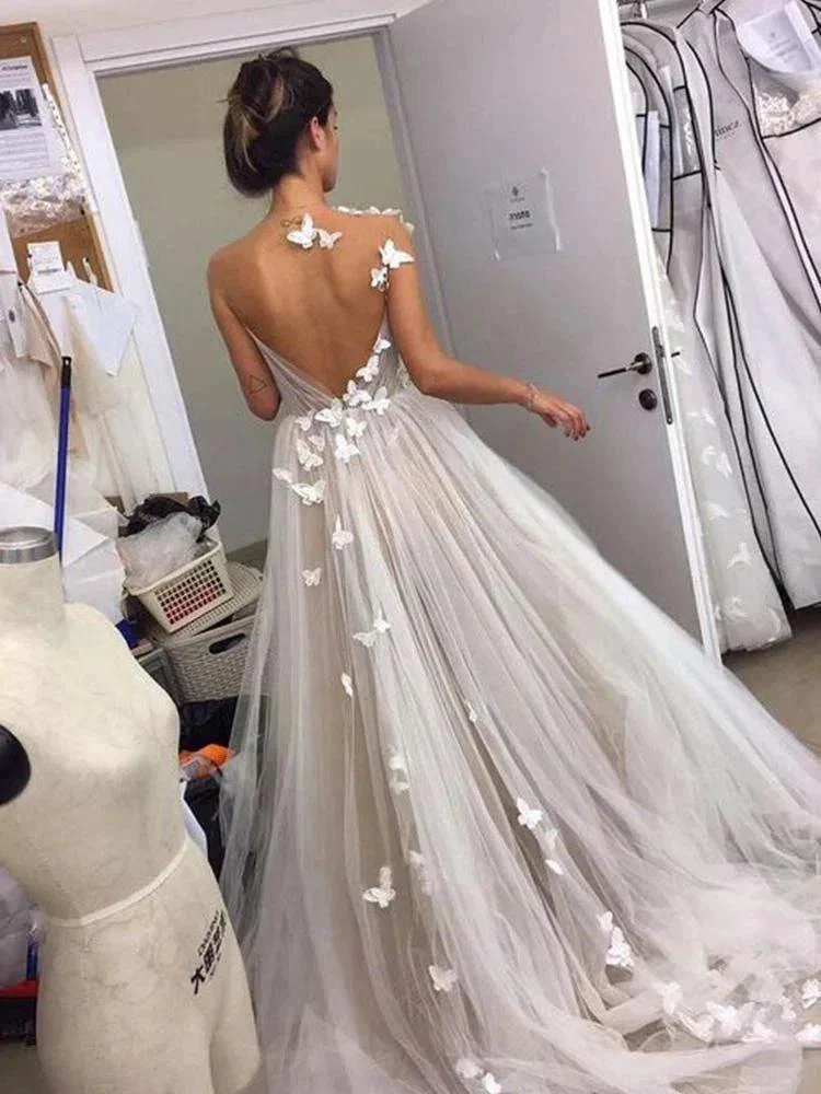 Sweet A-line V Neck Open Back Tulle Ivory Wedding Dresses with Appliques WD477 - Image 3