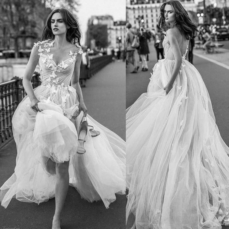 Sweet A-line V Neck Open Back Tulle Ivory Wedding Dresses with Appliques WD477 - Image 4