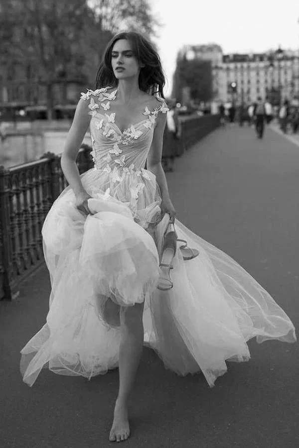 Sweet A-line V Neck Open Back Tulle Ivory Wedding Dresses with Appliques WD477 - Image 5