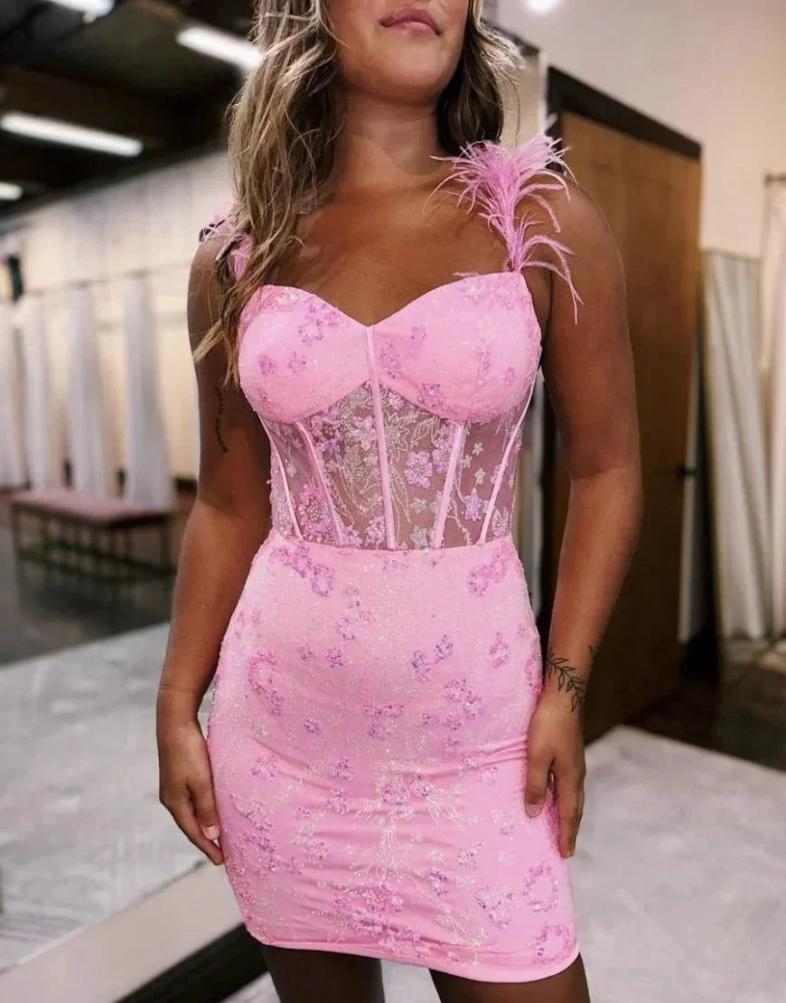 Sweet Lace Up Short Tight Homecoming Dress With Feather Straps - Image 3