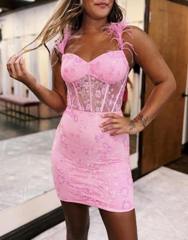 Sweet Lace Up Short Tight Homecoming Dress With Feather Straps - Image 4