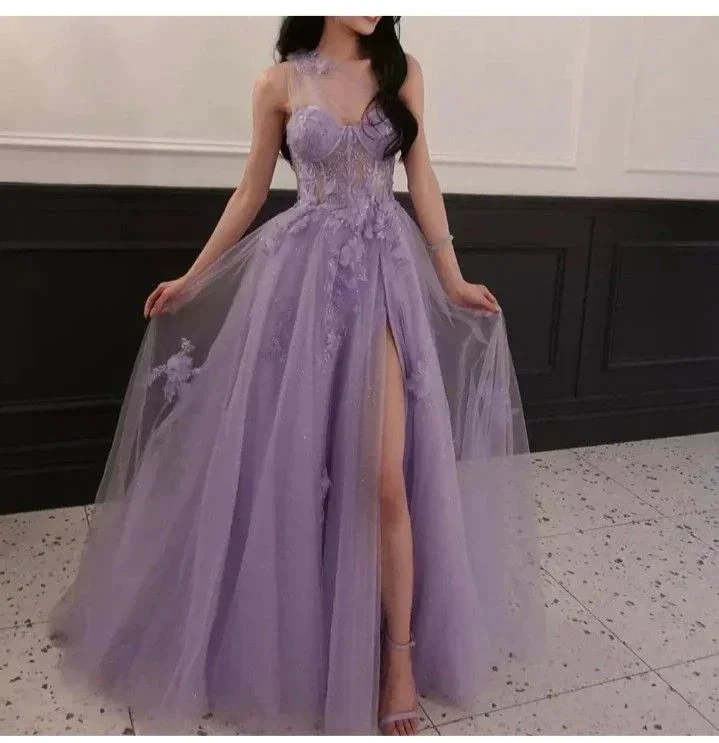 Sweet Light Purple A Line One Shoulder Side Slit Prom Evening Dresses Birthday Party Gowns Y5195 - Image 2