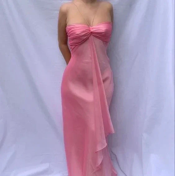 Sweet Pink Chiffon Long Prom Dress Strapless Formal Party Evening Dress Y7560 - Image 3
