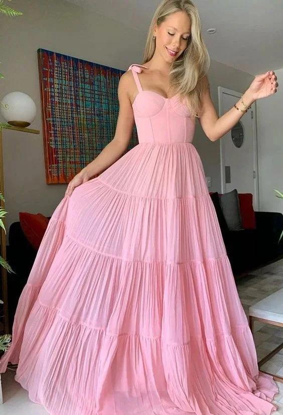 Sweet Pink Chiffon Long Prom Dresses,A-Line Evening Gown,Pleated Ruffles Party Dresses Y1317 - Image 2