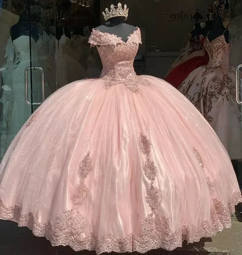 Sweet Pink Off The Shoulder Tulle LaceAppliques Ball Gown Quinceanera Dress Y7728 - Image 2
