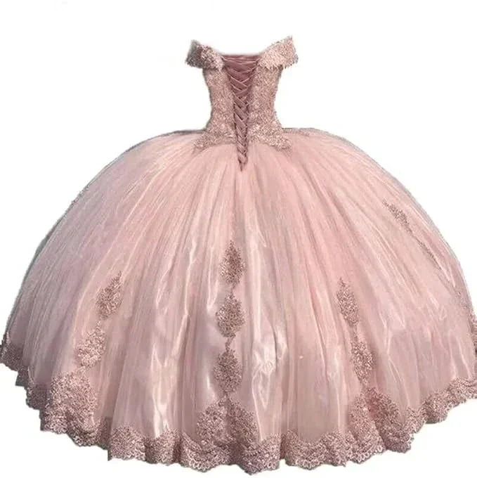 Sweet Pink Off The Shoulder Tulle LaceAppliques Ball Gown Quinceanera Dress Y7728 - Image 3