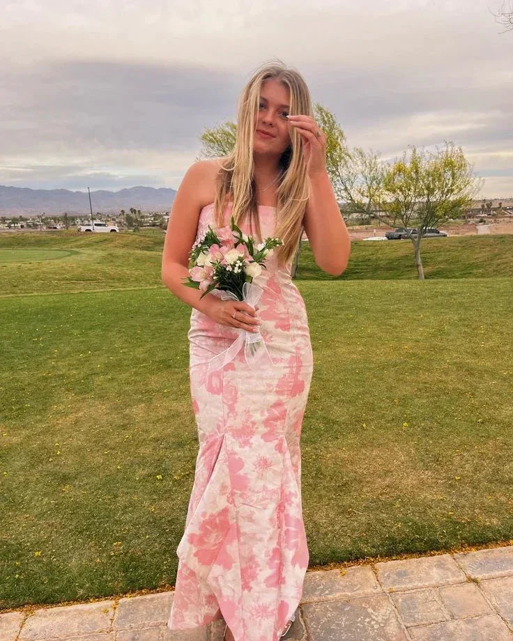 Sweet Pink Satin Print Floral Evening Dress Mermaid Prom Dress Y7828 - Image 4