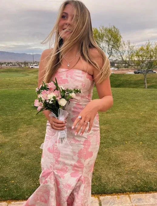 Sweet Pink Satin Print Floral Evening Dress Mermaid Prom Dress Y7828 - Image 6