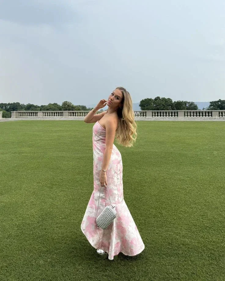 Sweet Pink Satin Print Floral Evening Dress Mermaid Prom Dress Y7828 - Image 7