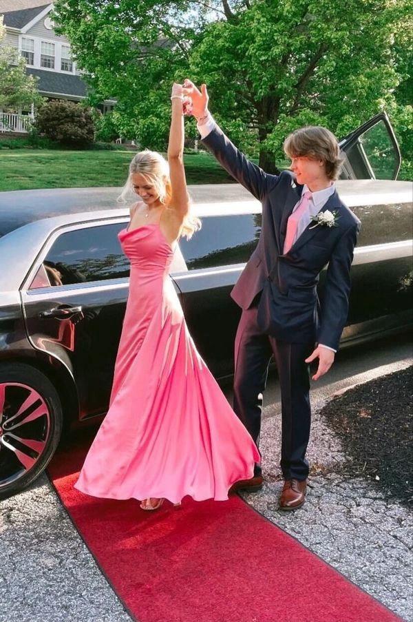 Sweet pink satin prom dresses spaghetti straps sheath long evening dress Y538 - Image 2