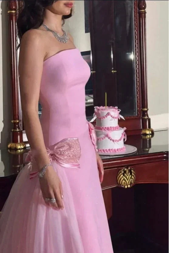 Sweet Pink Strapless Bow-Knot Long Prom Dress,Tulle Satin Evening Dress Y8053 - Image 2