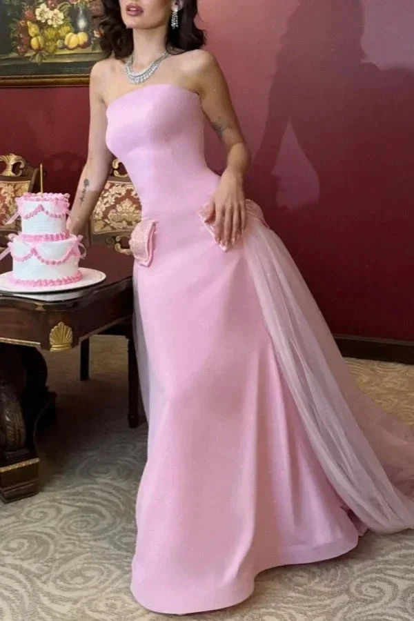 Sweet Pink Strapless Bow-Knot Long Prom Dress,Tulle Satin Evening Dress Y8053 - Image 3