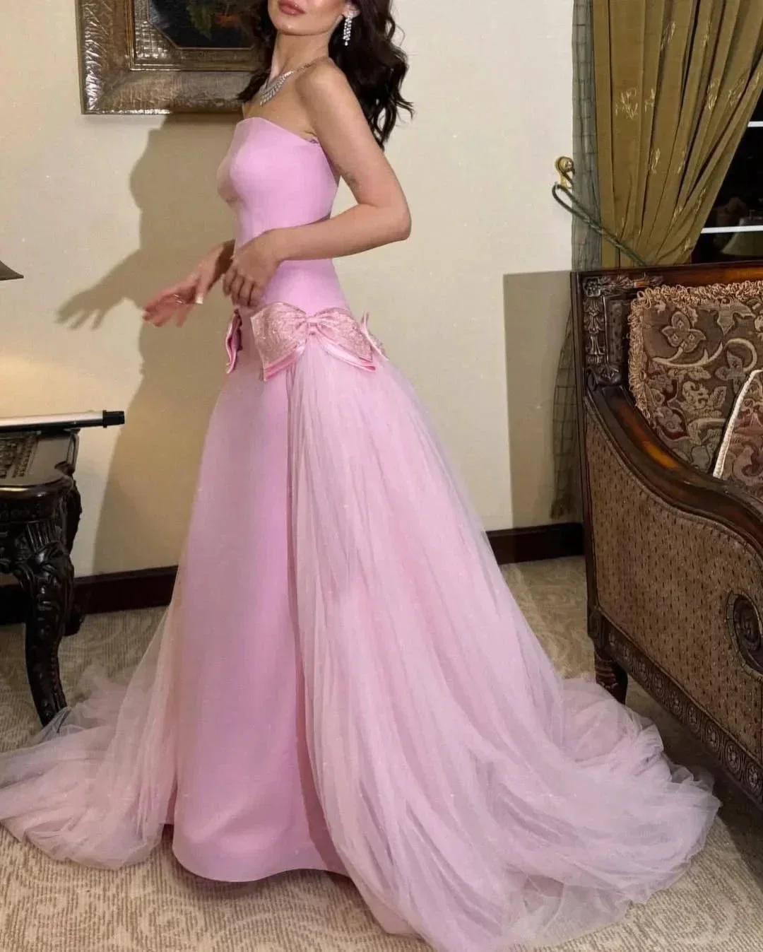 Sweet Pink Strapless Bow-Knot Long Prom Dress,Tulle Satin Evening Dress Y8053 - Image 4