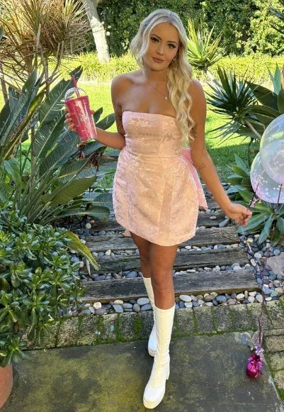 Sweet Pink Strapless Satin Print Homecoming Dress,Short Prom Dress With Bow Y7965 - Image 3