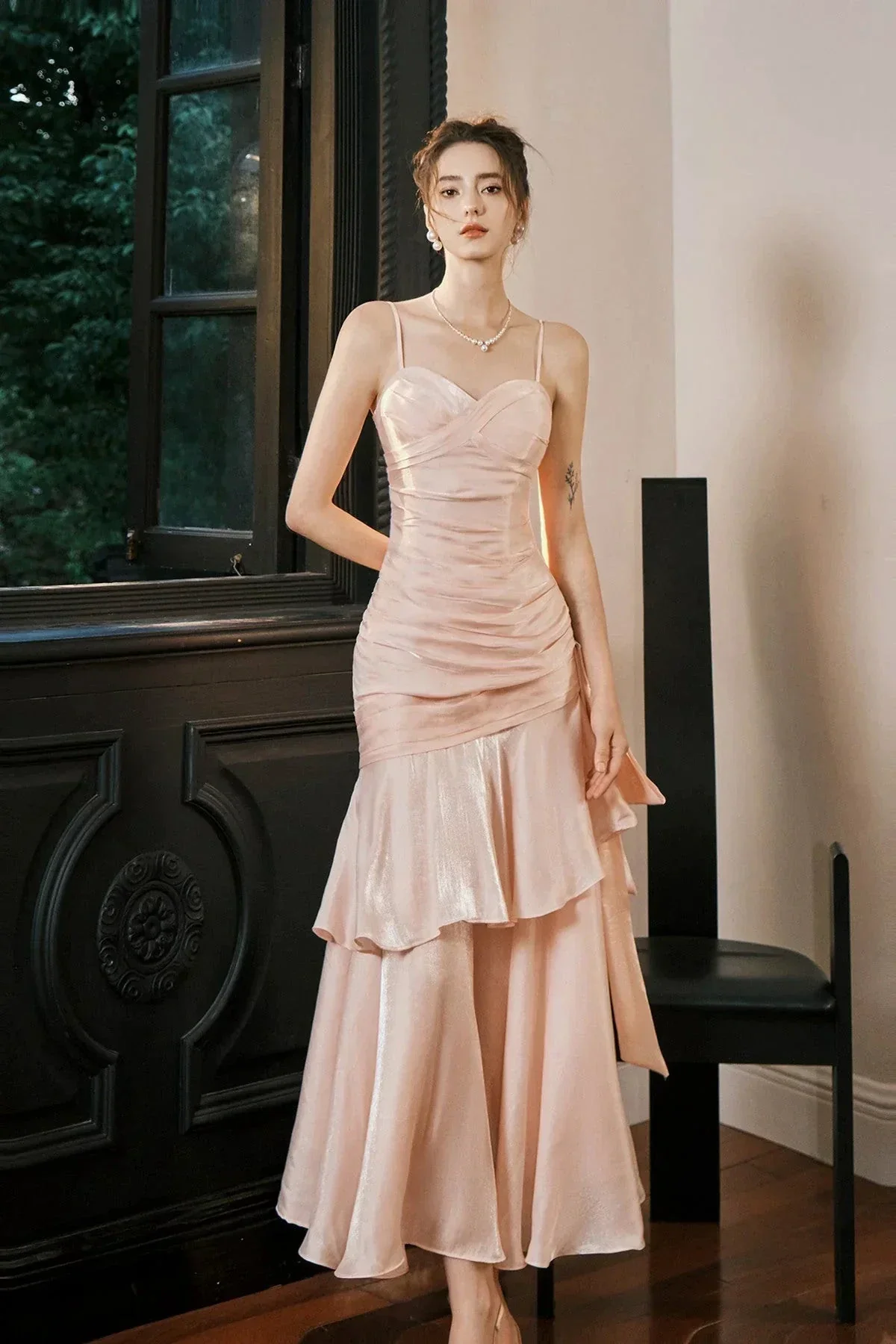Sweet Pink Sweetheart Straps Mermaid Evening Dress Satin Long Prom Dress Y8092 - Image 2