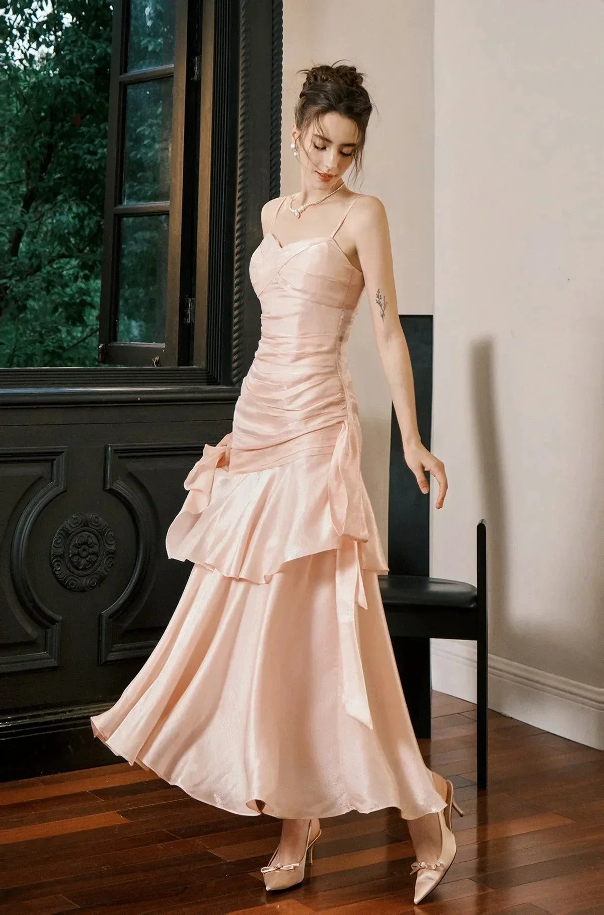 Sweet Pink Sweetheart Straps Mermaid Evening Dress Satin Long Prom Dress Y8092 - Image 5