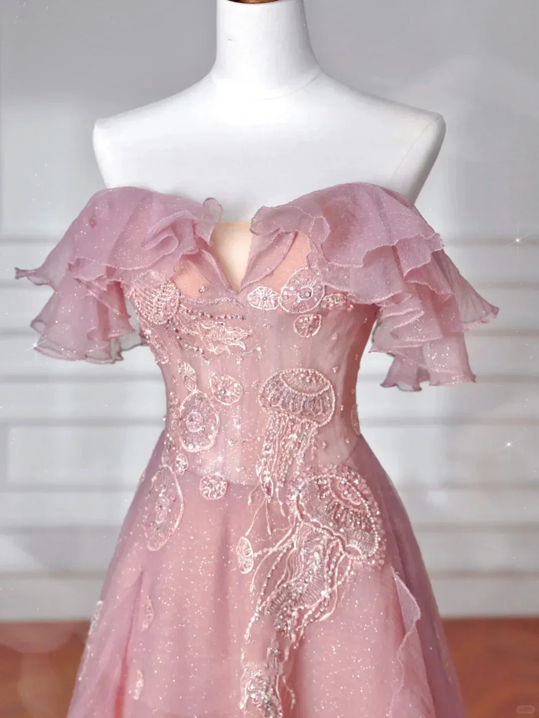 Sweet Pink Tulle Sequins Beaded A Line Prom Dress Off The Shoulder Long Evening Dress Y8643 - Image 2