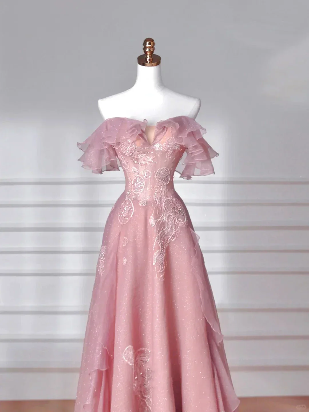 Sweet Pink Tulle Sequins Beaded A Line Prom Dress Off The Shoulder Long Evening Dress Y8643 - Image 3