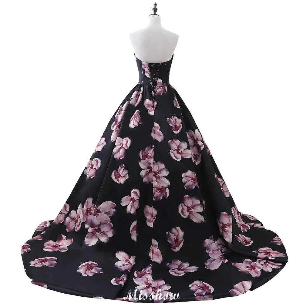 Sweetheart A Line Long Print Flower Evening Dresses - Image 8