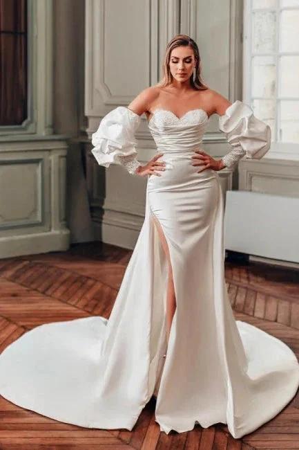 Sweetheart A-Line Split Front Stain Long Sleeve Wedding Dresses with Ruffles - Image 2