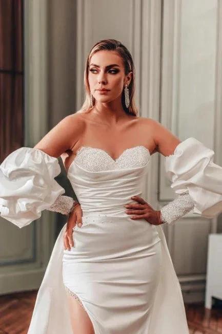 Sweetheart A-Line Split Front Stain Long Sleeve Wedding Dresses with Ruffles - Image 3