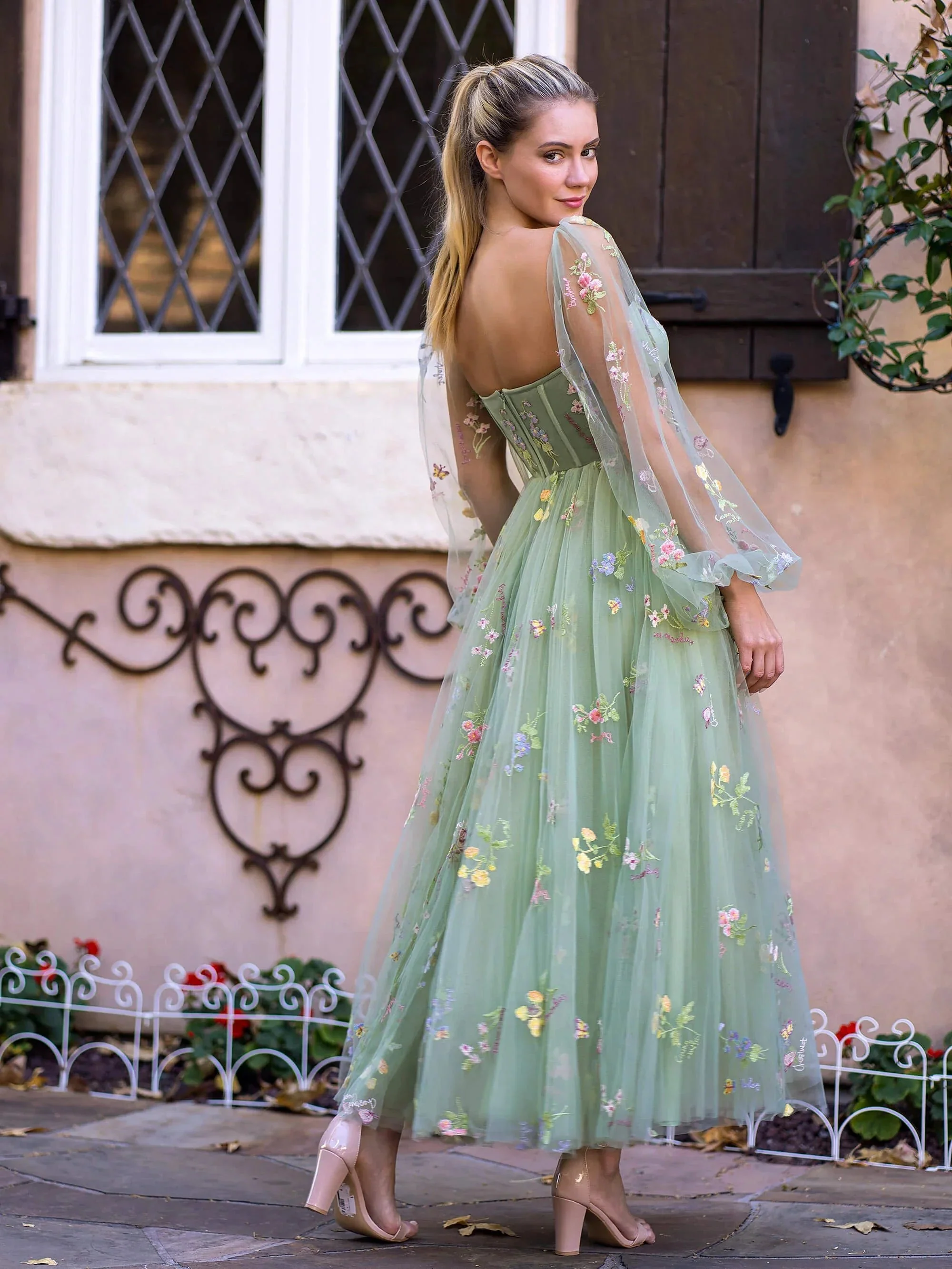 Sweetheart Embroidery Tea-Length Tulle Puff Sleeves Floral Corset Prom Dress - Image 2