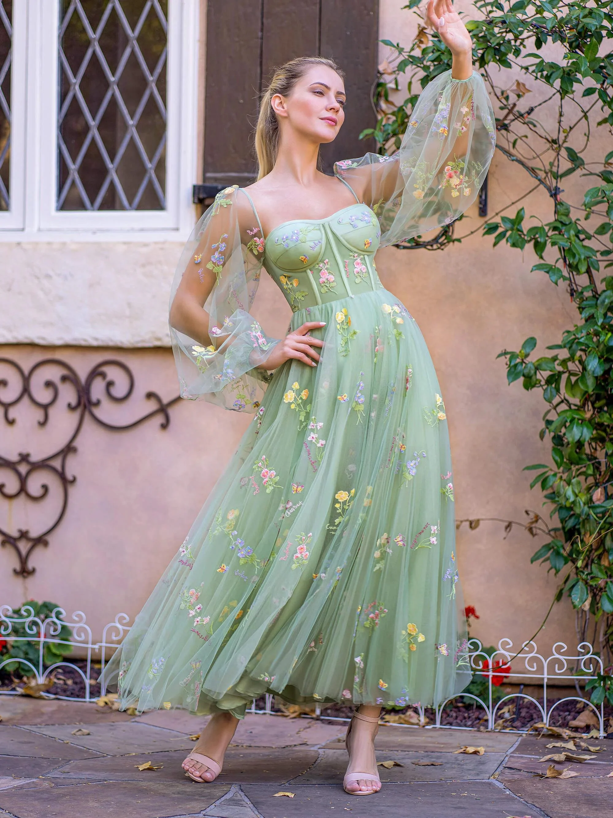 Sweetheart Embroidery Tea-Length Tulle Puff Sleeves Floral Corset Prom Dress - Image 4