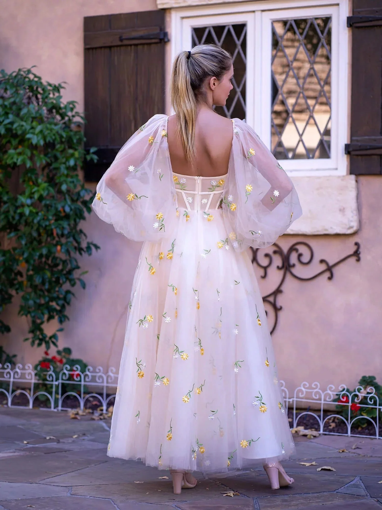 Sweetheart Neck Embroidered Lace Maxi Length Tulle Gown - Image 2