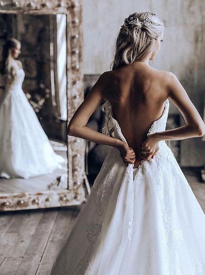 Sweetheart Ball Gown Sweep Train Tulle Wedding Dress with Appliques  WD442 - Image 2