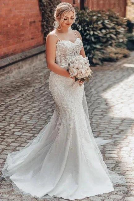 Sweetheart Charming Tulle Mermaid Spaghetti Straps Wedding Dresses with Appliques - Image 4