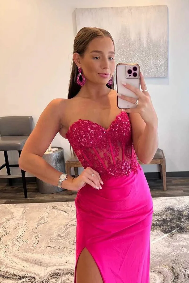 Ember | Sweetheart Corset Lace Hot Pink Long Prom Dress with Slit - Image 2