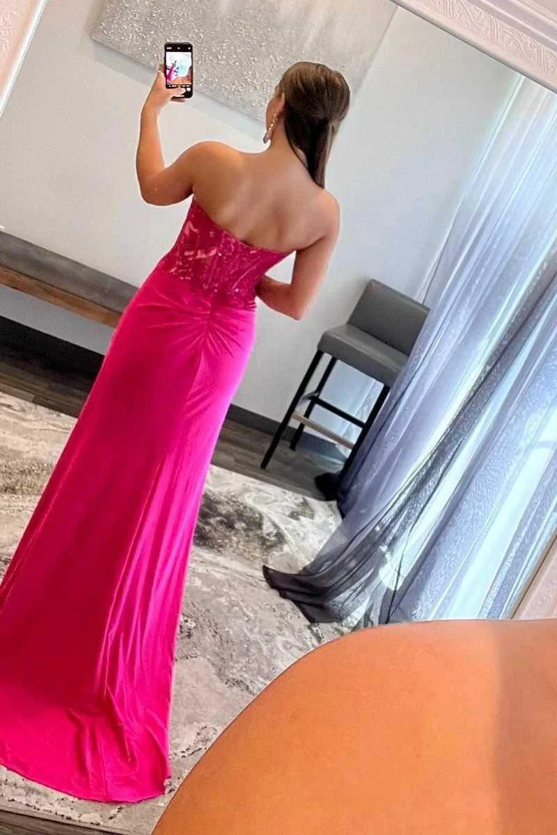 Ember | Sweetheart Corset Lace Hot Pink Long Prom Dress with Slit - Image 3