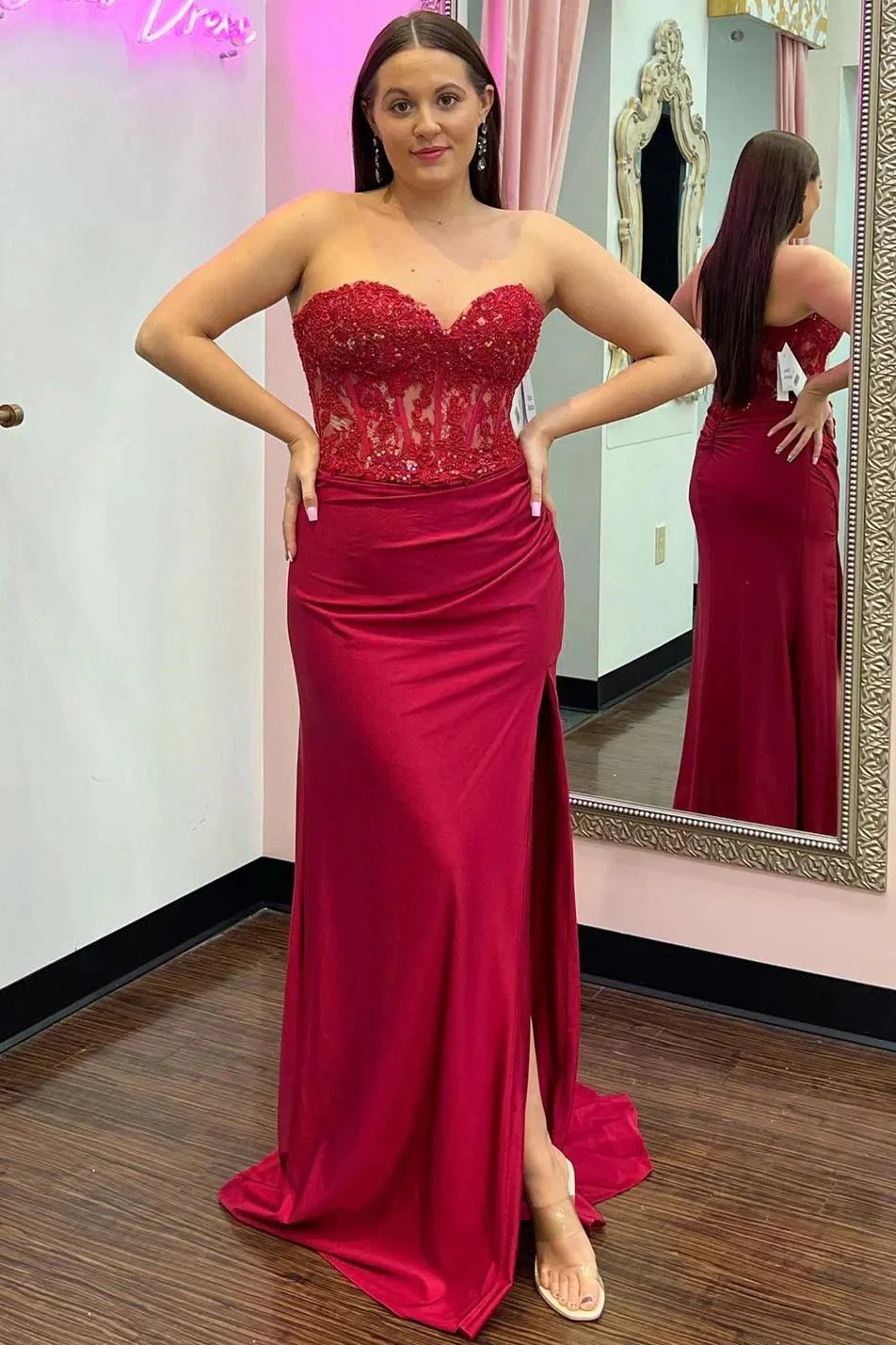 Ember | Sweetheart Corset Lace Hot Pink Long Prom Dress with Slit - Image 7