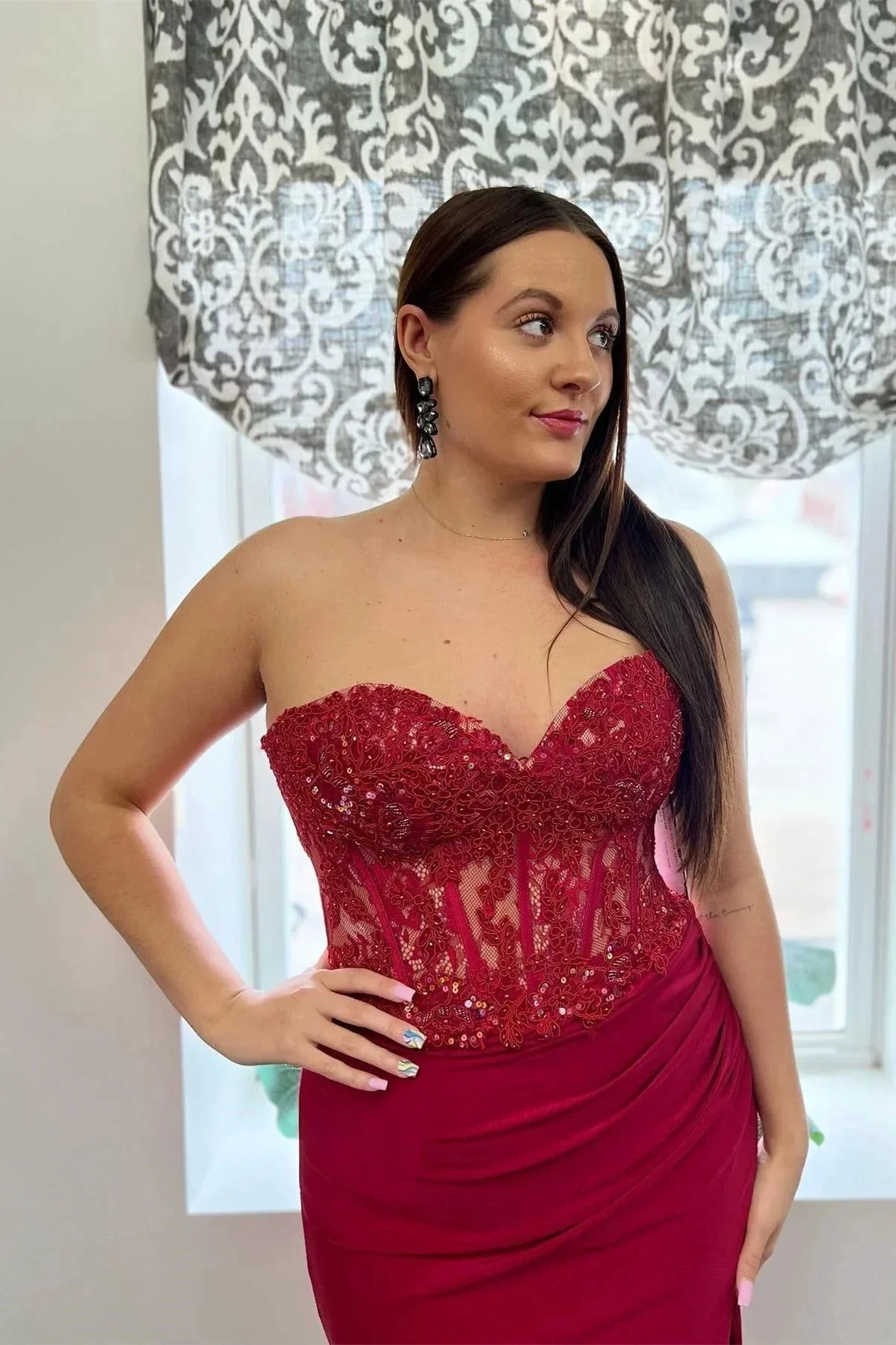 Ember | Sweetheart Corset Lace Hot Pink Long Prom Dress with Slit - Image 8