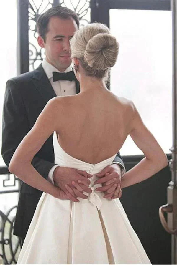 Sweetheart Court Train Ivory Satin Wedding Dress with Ruched WD122 - Image 3