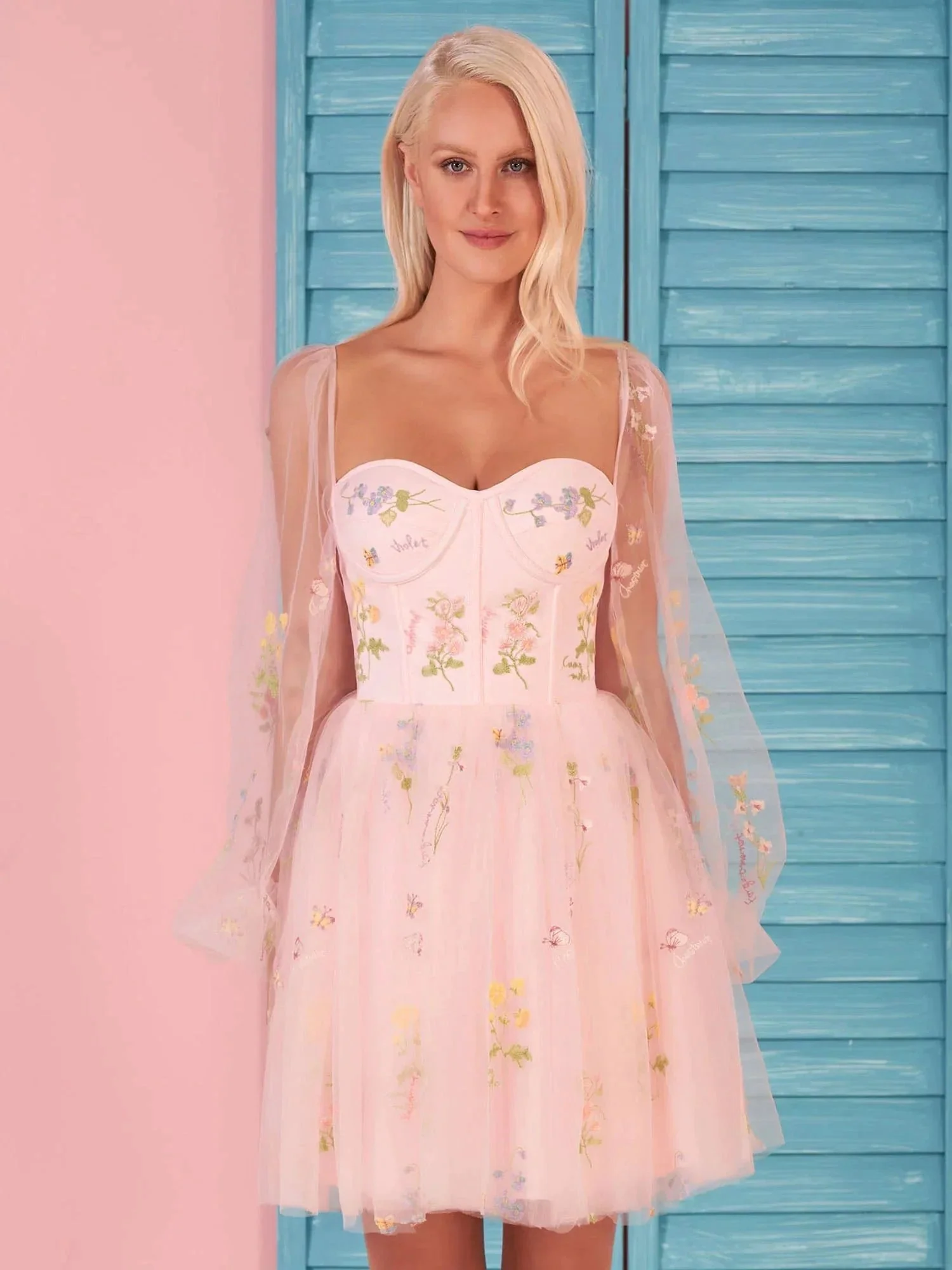 Sweetheart Embroidery Short-Length Tulle Puff Sleeves Cocktail Dress - Image 3