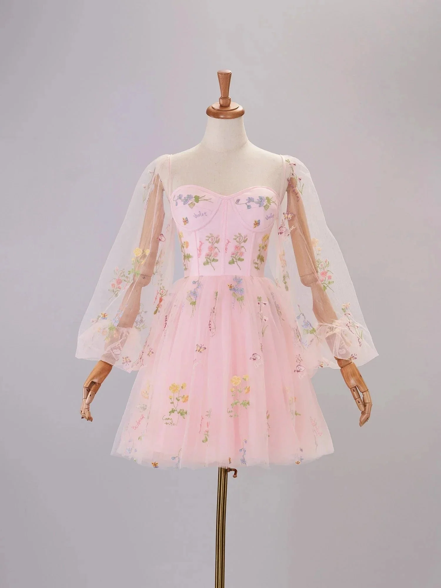 Sweetheart Embroidery Short-Length Tulle Puff Sleeves Cocktail Dress - Image 5
