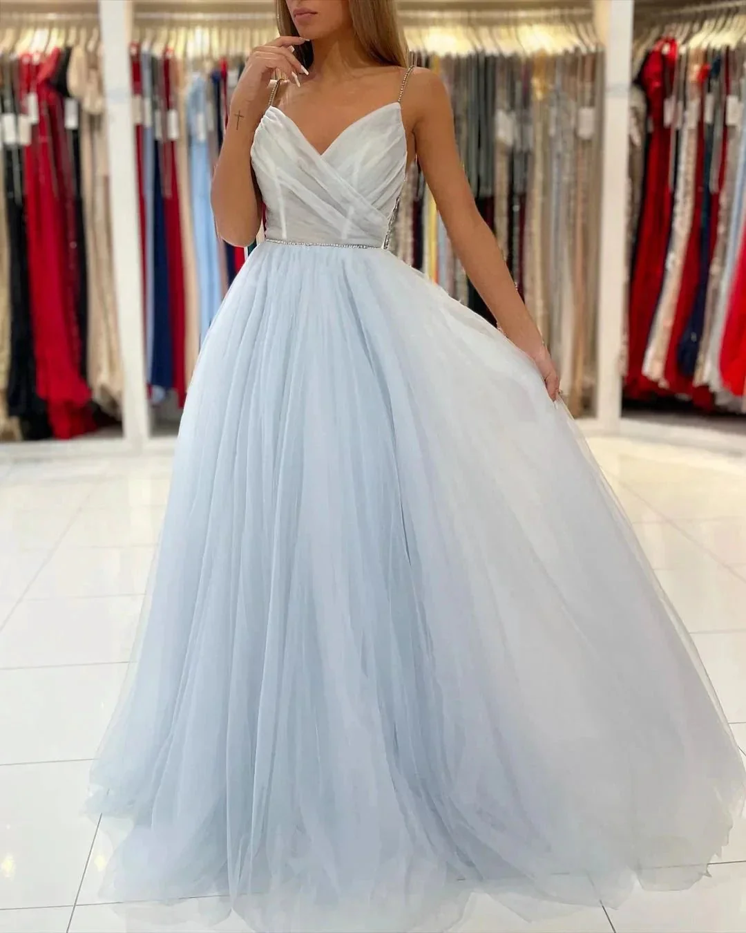 Sweetheart Floor Length A-line Backless Tulle Prom Dresses - Image 2