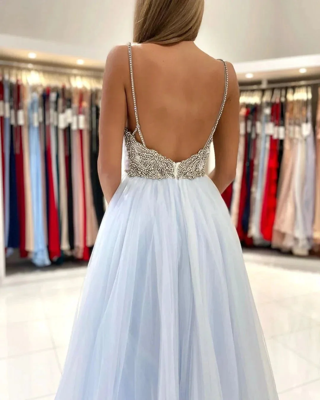 Sweetheart Floor Length A-line Backless Tulle Prom Dresses - Image 3