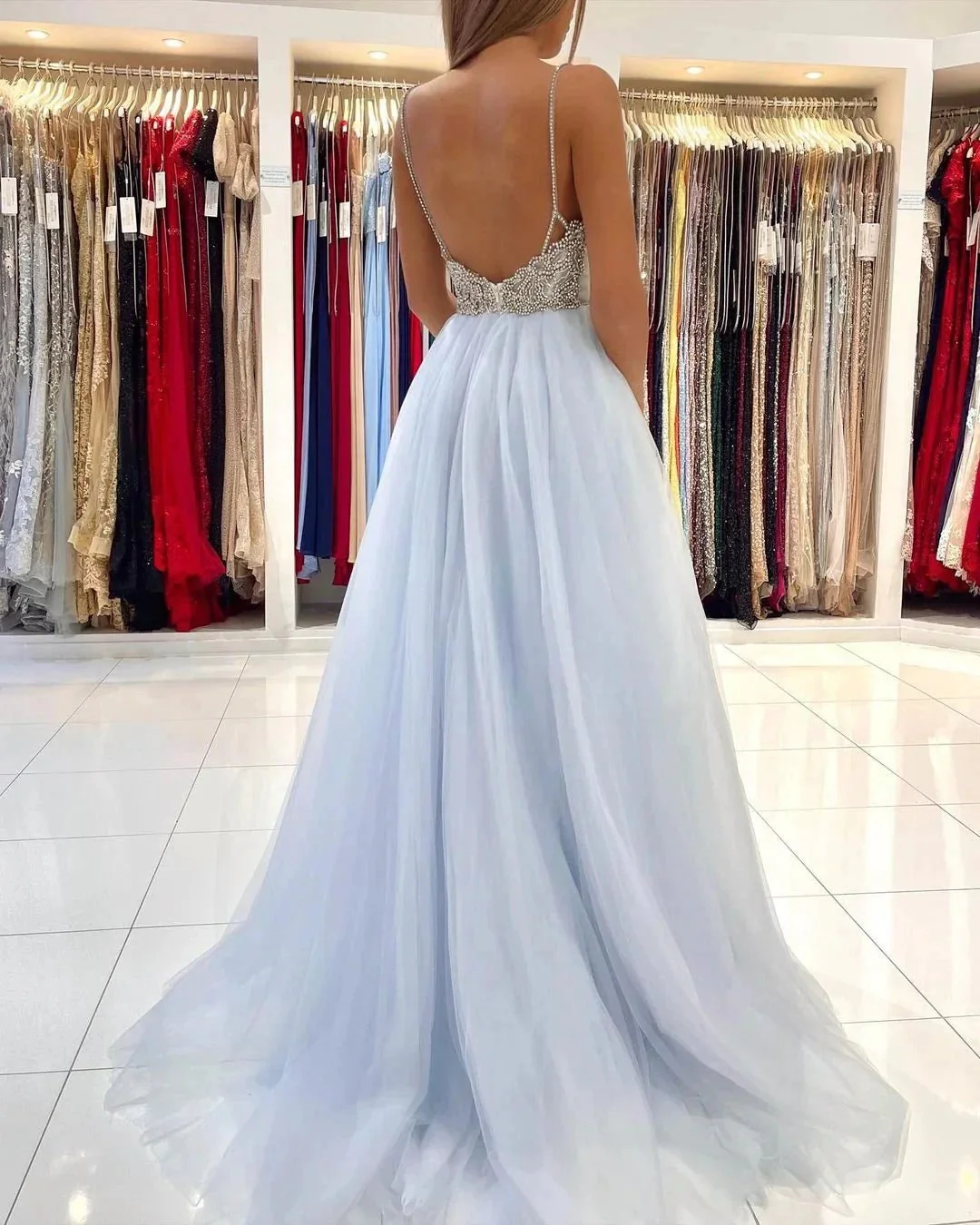 Sweetheart Floor Length A-line Backless Tulle Prom Dresses - Image 5