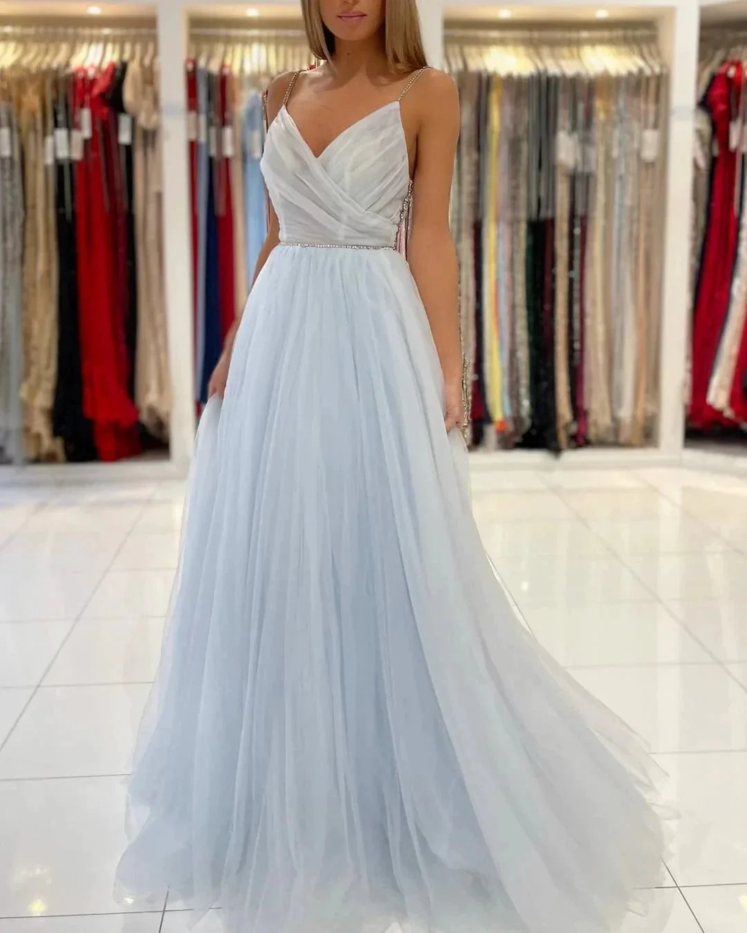 Sweetheart Floor Length A-line Backless Tulle Prom Dresses - Image 6
