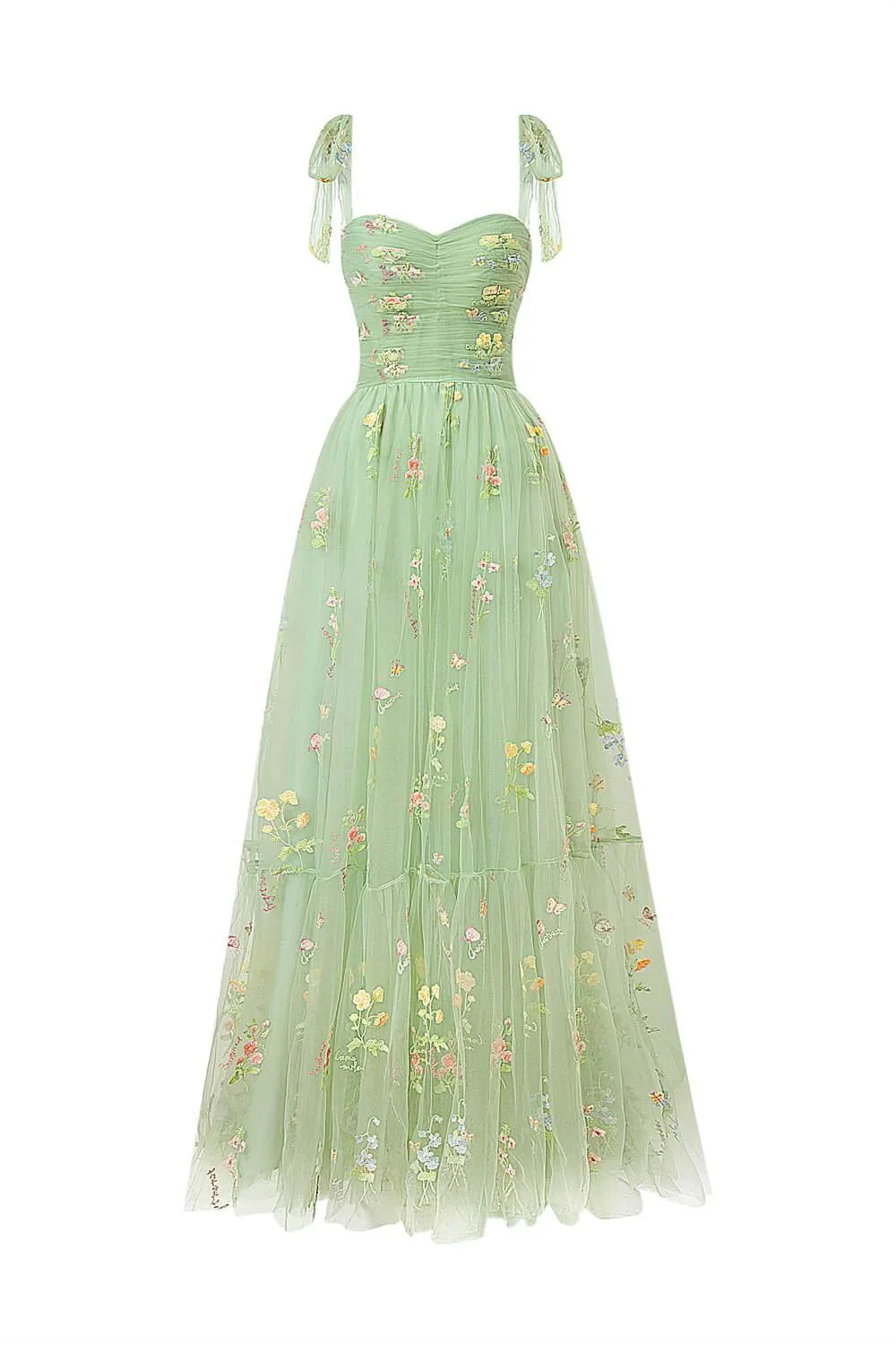 Sweetheart Neck Floor Length Tulle Embroidery Floral Prom Dress - Image 6