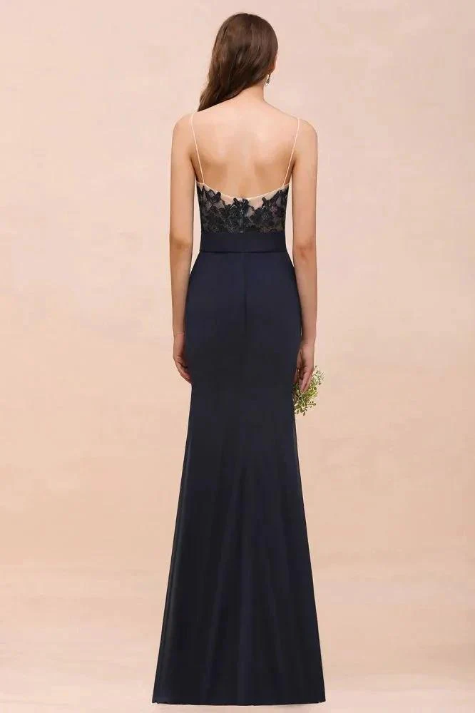 Sweetheart Floral Mermaid Bridesmaid Dress Sleeveless Navy Formal Party Dress - Image 2