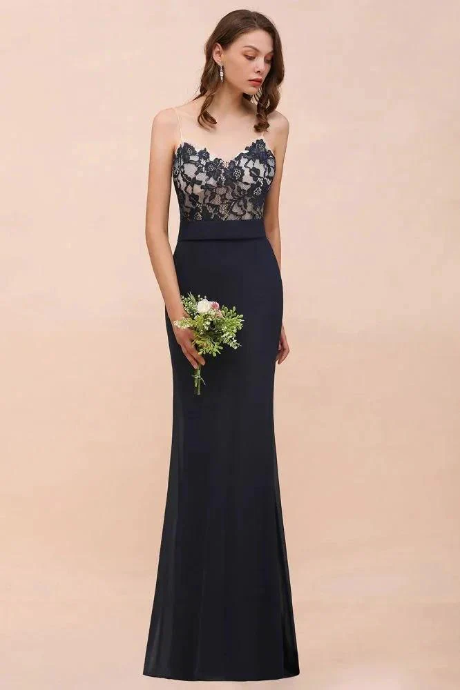 Sweetheart Floral Mermaid Bridesmaid Dress Sleeveless Navy Formal Party Dress - Image 3