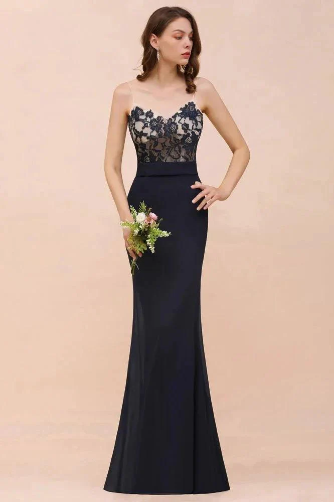 Sweetheart Floral Mermaid Bridesmaid Dress Sleeveless Navy Formal Party Dress - Image 4